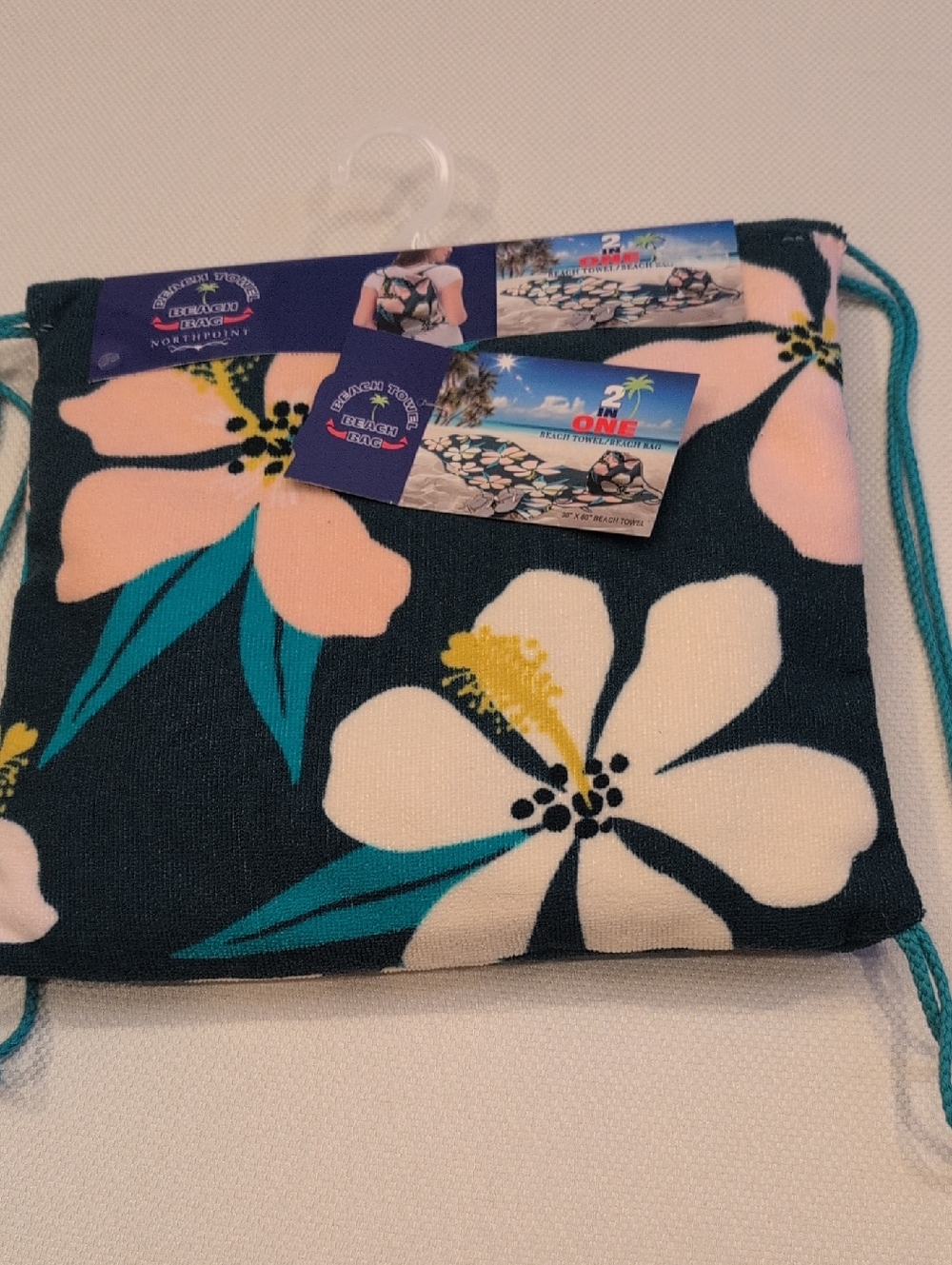 Floral Drawstring Beach Towel Backpack - Navy with Pink & White Flowers